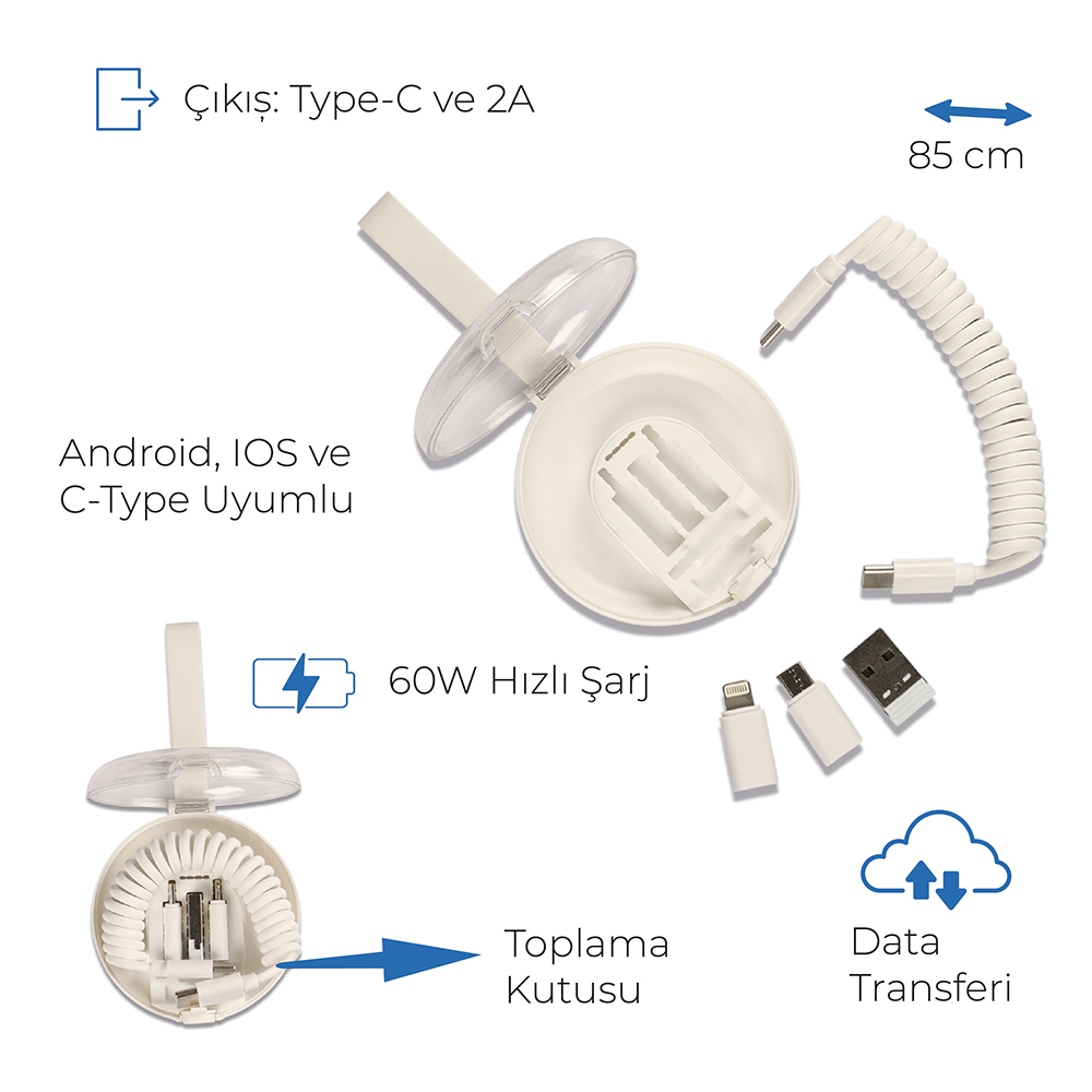 7576 60W Hızlı Type-C Uçlu ve Data Transferli Şarj Kablosu