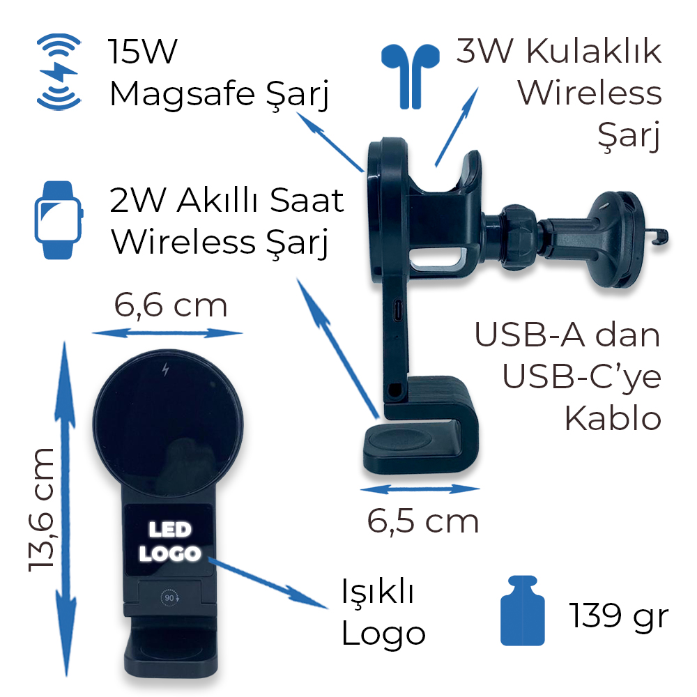 6772 Araç İçi Kablosuz Şarj Standı (Telefon, Saat, Kulaklık) - Resim 7