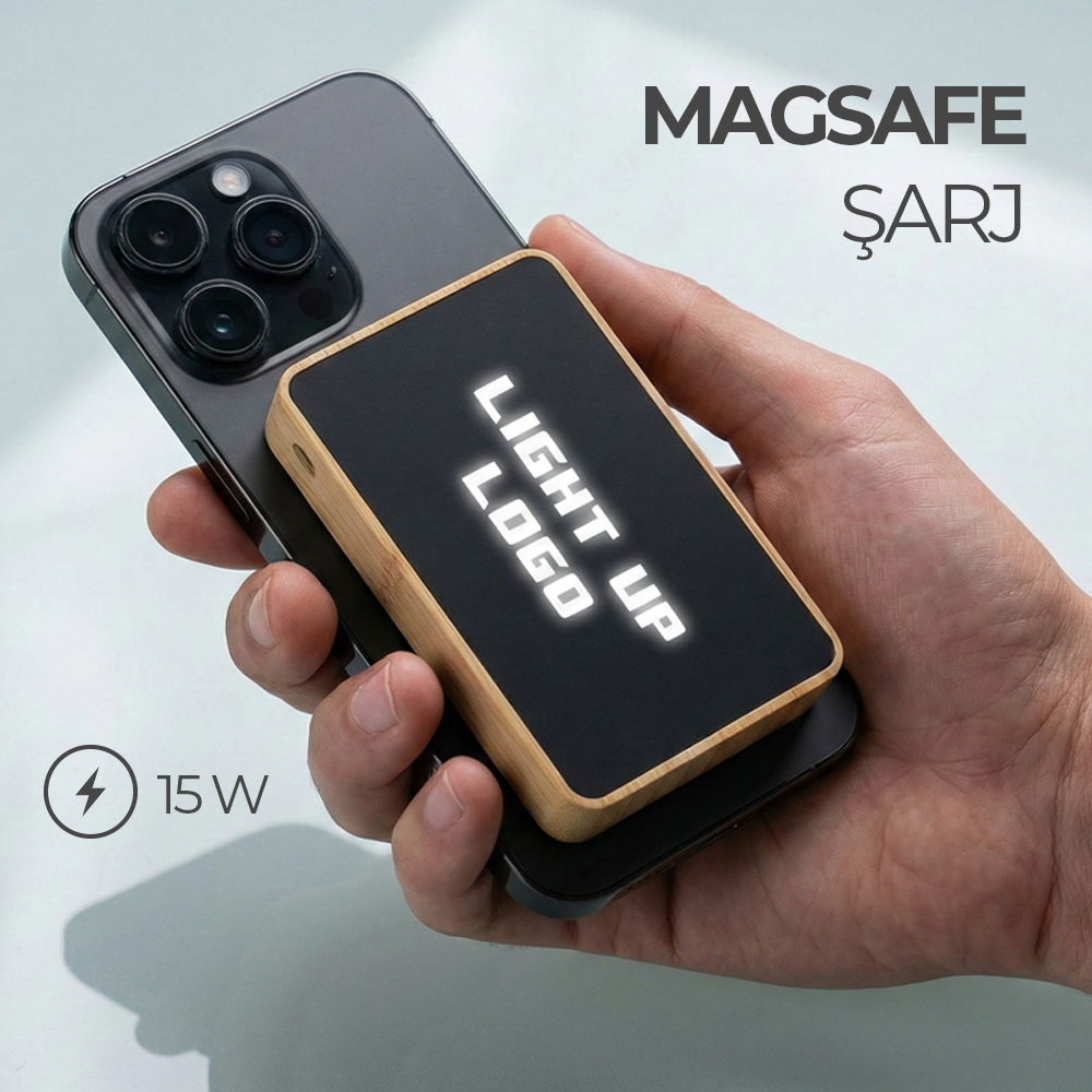 4025 Işıklı Logo Bambu Magsafe Powerbank