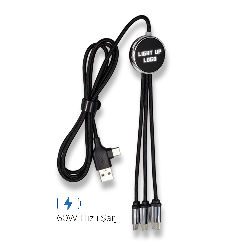 7573 Işıklı Logo 60W Hızlı Type-C Uçlu Data Transferli Şarj Kablosu