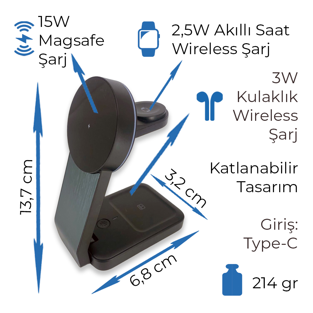 6767 Kablosuz Şarj Standı (Telefon, Saat, Kulaklık) - Resim 6
