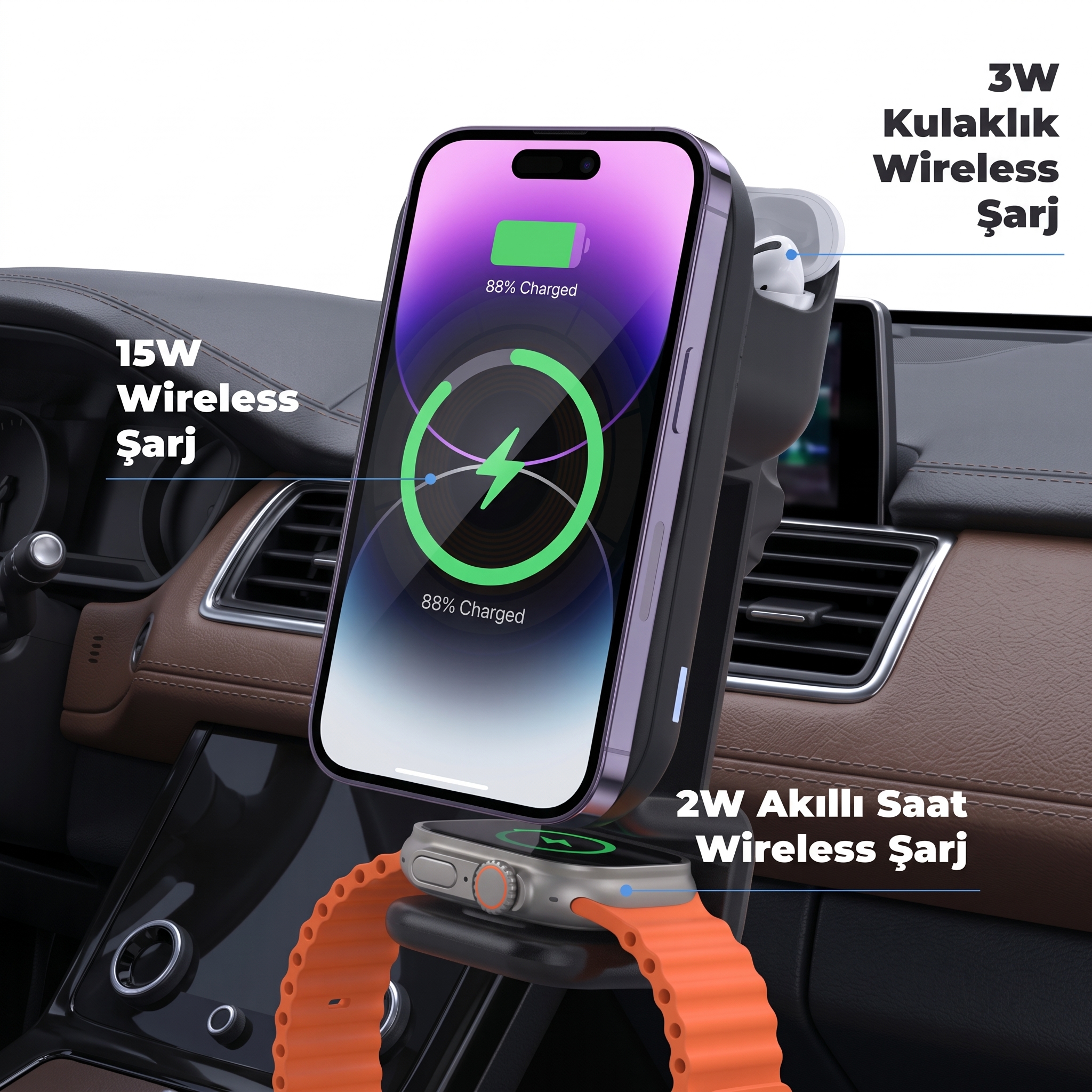 6772 Araç İçi Kablosuz Şarj Standı (Telefon, Saat, Kulaklık)